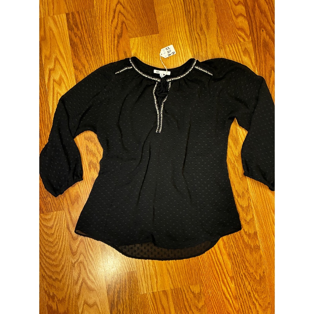 DR2 Braided Split Neck Swiss Dot Blouse Dark Academia Peasant Top M Black